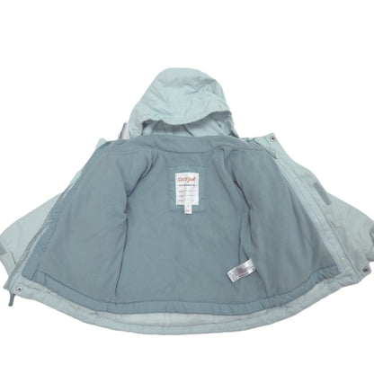 A light blue hooded winter jacket shown open against a plain white background, displaying its padded interior.