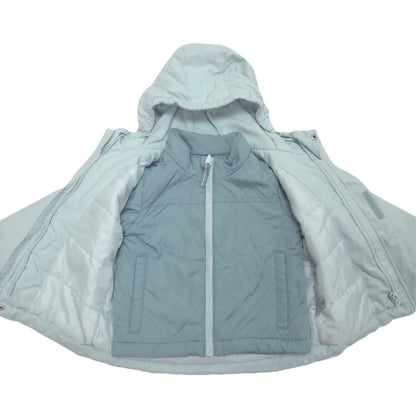 A light blue hooded jacket shown open, removable inner jacket, photographed on a plain white background.