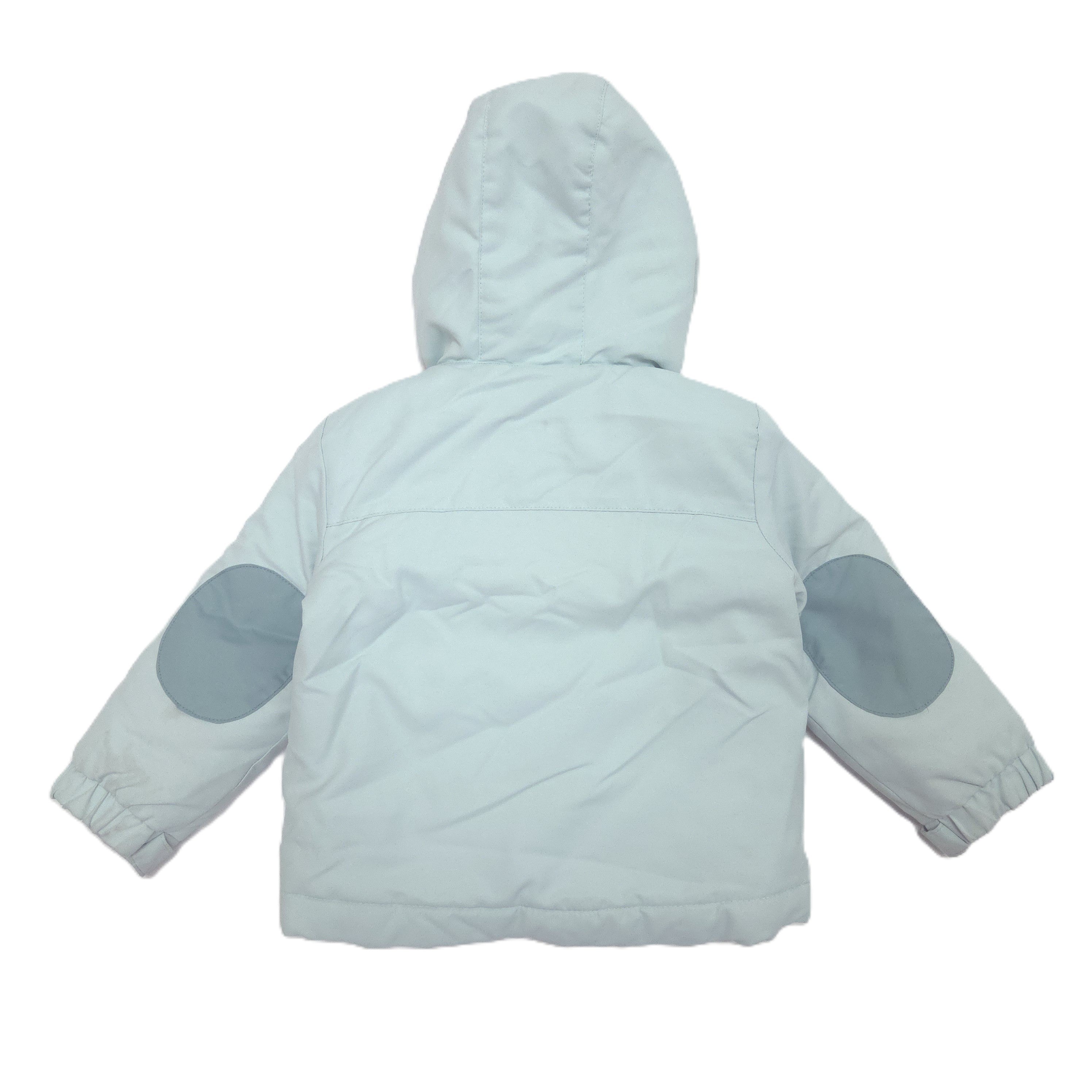 A light blue hooded winter jacket shown from the back, featuring light blue elbow patches and elastic cuffs.