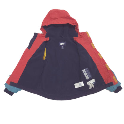 A children's hooded jacket laid open flat on a white background, featuring a dark navy body, red hood.