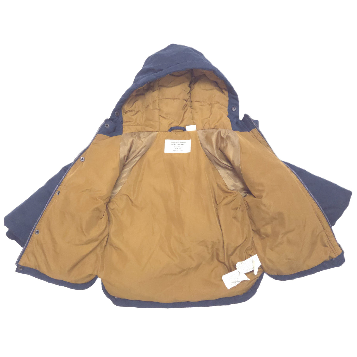 A hooded puffer jacket shown open against a white background, featuring a navy blue exterior and a tan interior lining.