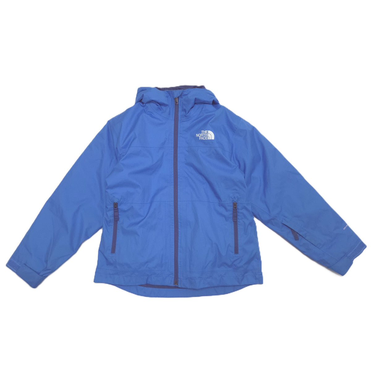 A blue hooded 3in1 jacket from The North Face, laid flat against a white background. The jacket features a full front zipper, zippered hand pockets, and the brand's logo on the left chest.