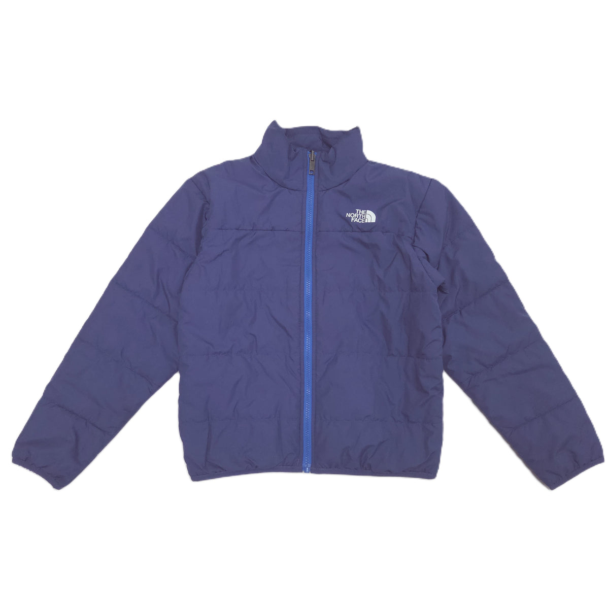 The North Face zip-up removable puffer jacket in a blue color, laid flat against a white background.