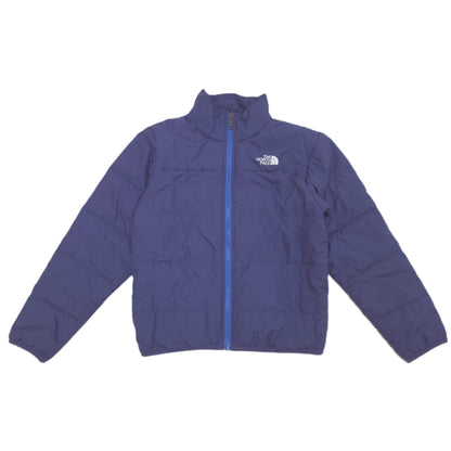 The North Face zip-up removable puffer jacket in a blue color, laid flat against a white background.