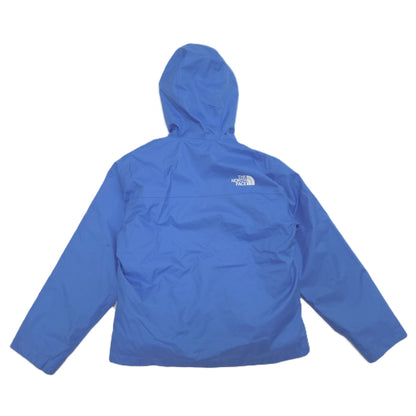A blue hooded jacket shown from the back, featuring a small white embroidered logo of The North Face on the upper back, laid flat against a white background.