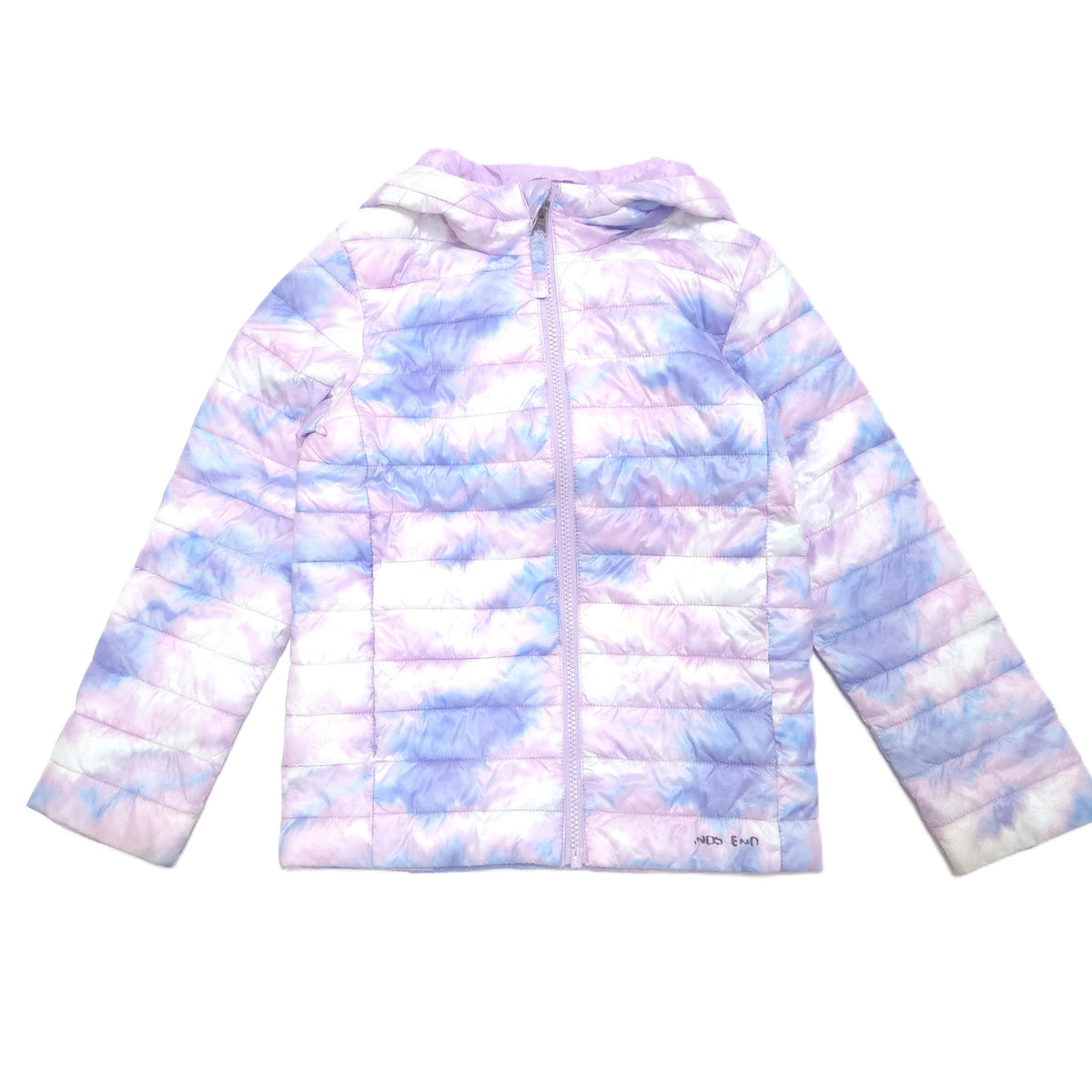 A hooded puffer jacket with a pastel tie-dye pattern in purple, blue, and white, featuring a full-length front zipper and horizontal quilted baffles, shown against a plain white background.