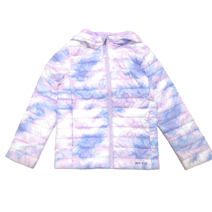 A hooded puffer jacket with a pastel tie-dye pattern in purple, blue, and white, featuring a full-length front zipper and horizontal quilted baffles, shown against a plain white background.