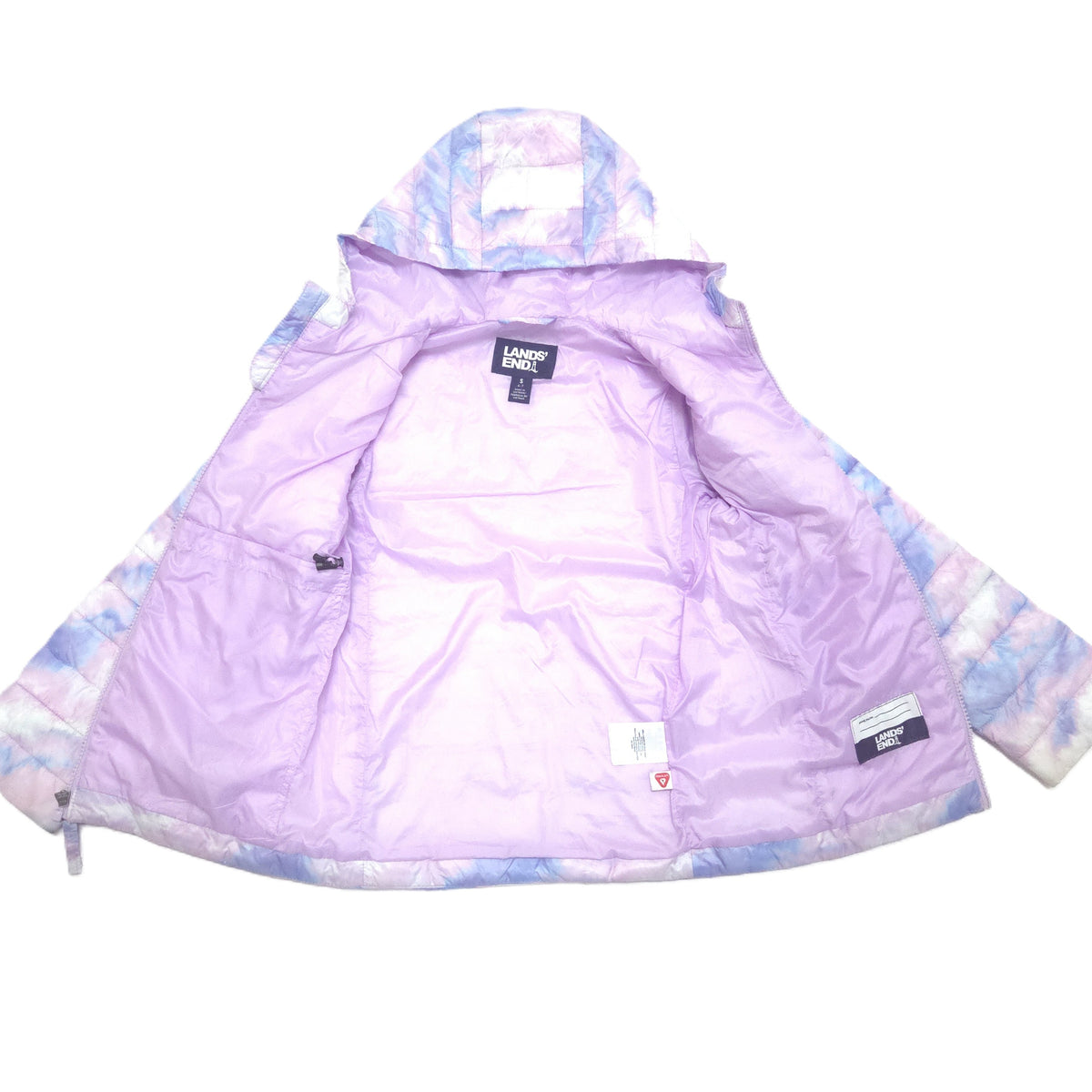 A light purple puffer jacket with a pastel tie-dye pattern on the hood and sleeves, laid flat against a white background.