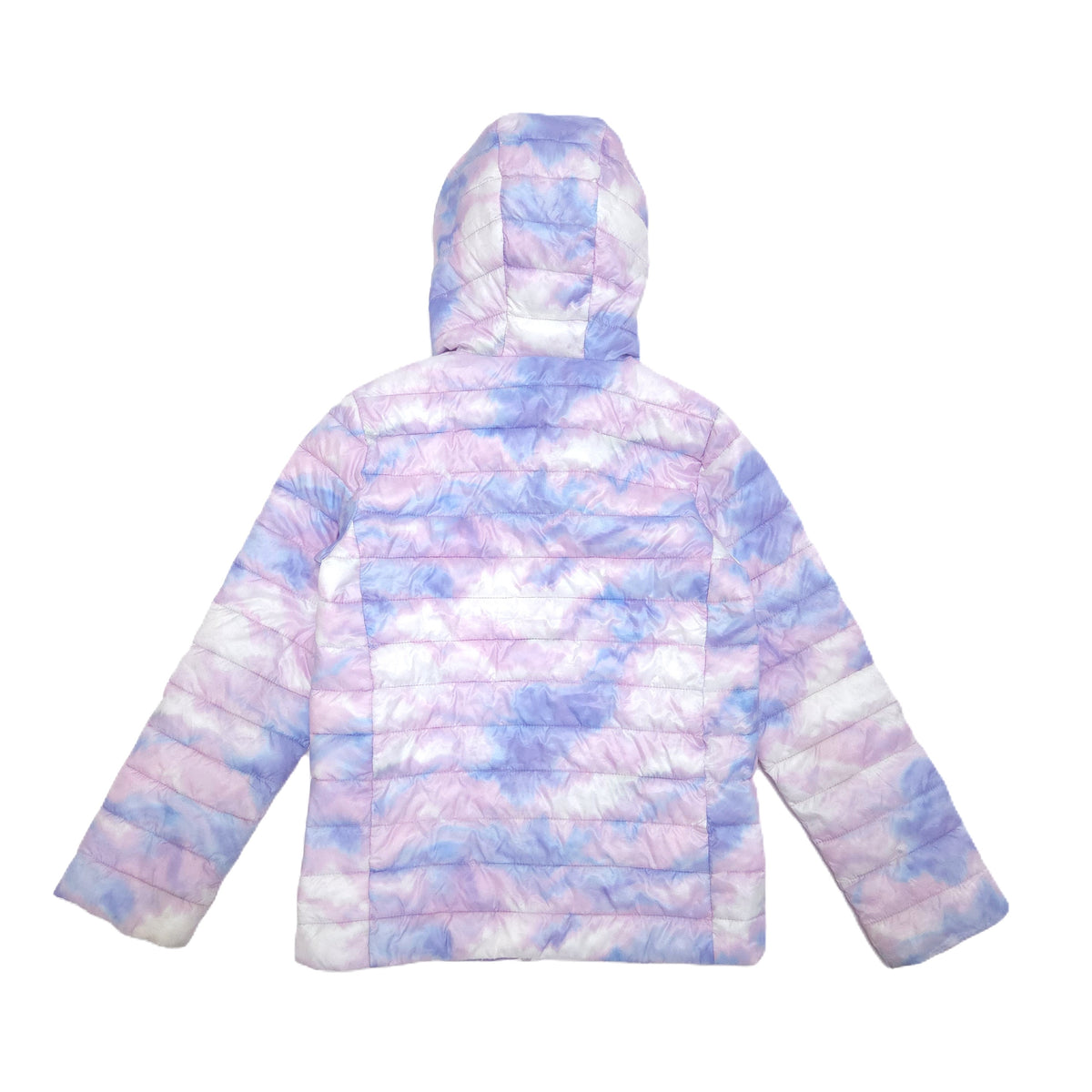 A hooded puffer jacket shown from the back, featuring a pastel tie-dye pattern in pink, purple, and white.