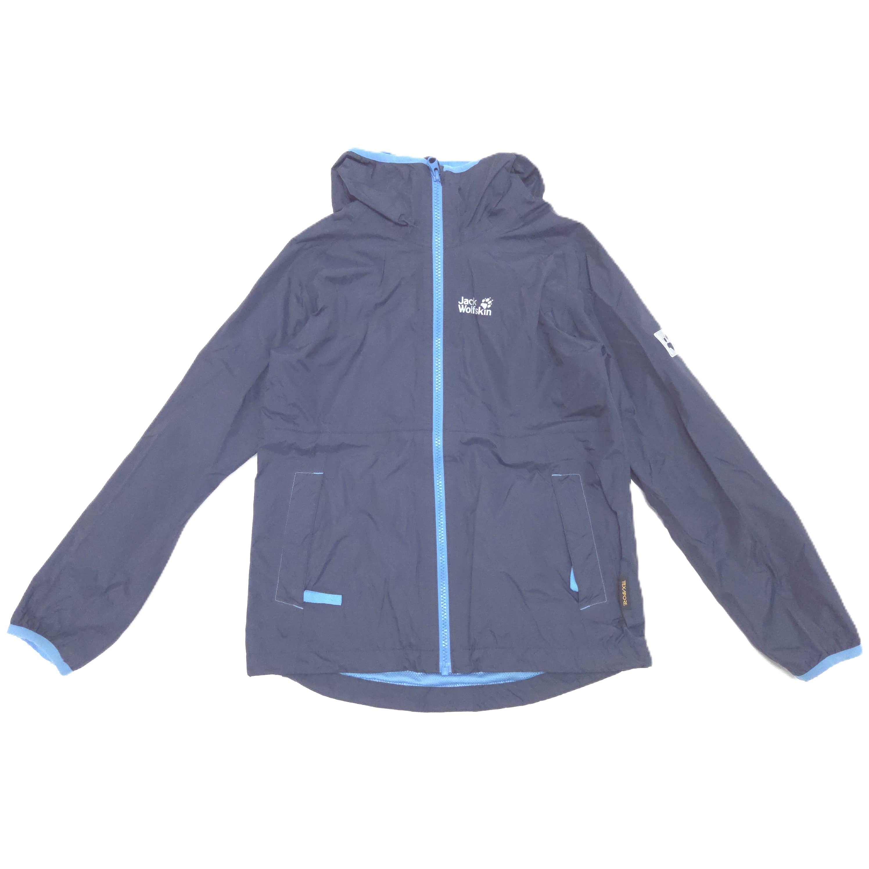 A dark blue hooded shell jacket with light blue zipper and trim details, featuring a white printed logo on the left chest, laid flat against a white background.