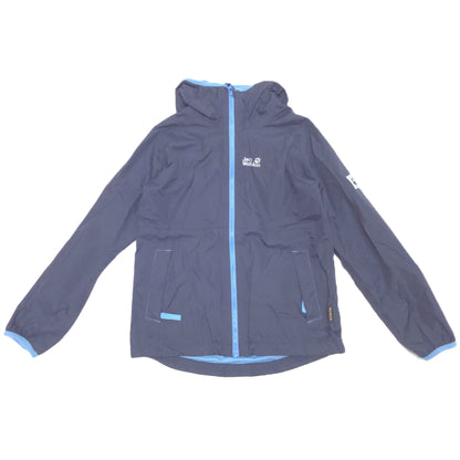A dark blue hooded shell jacket with light blue zipper and trim details, featuring a white printed logo on the left chest, laid flat against a white background.