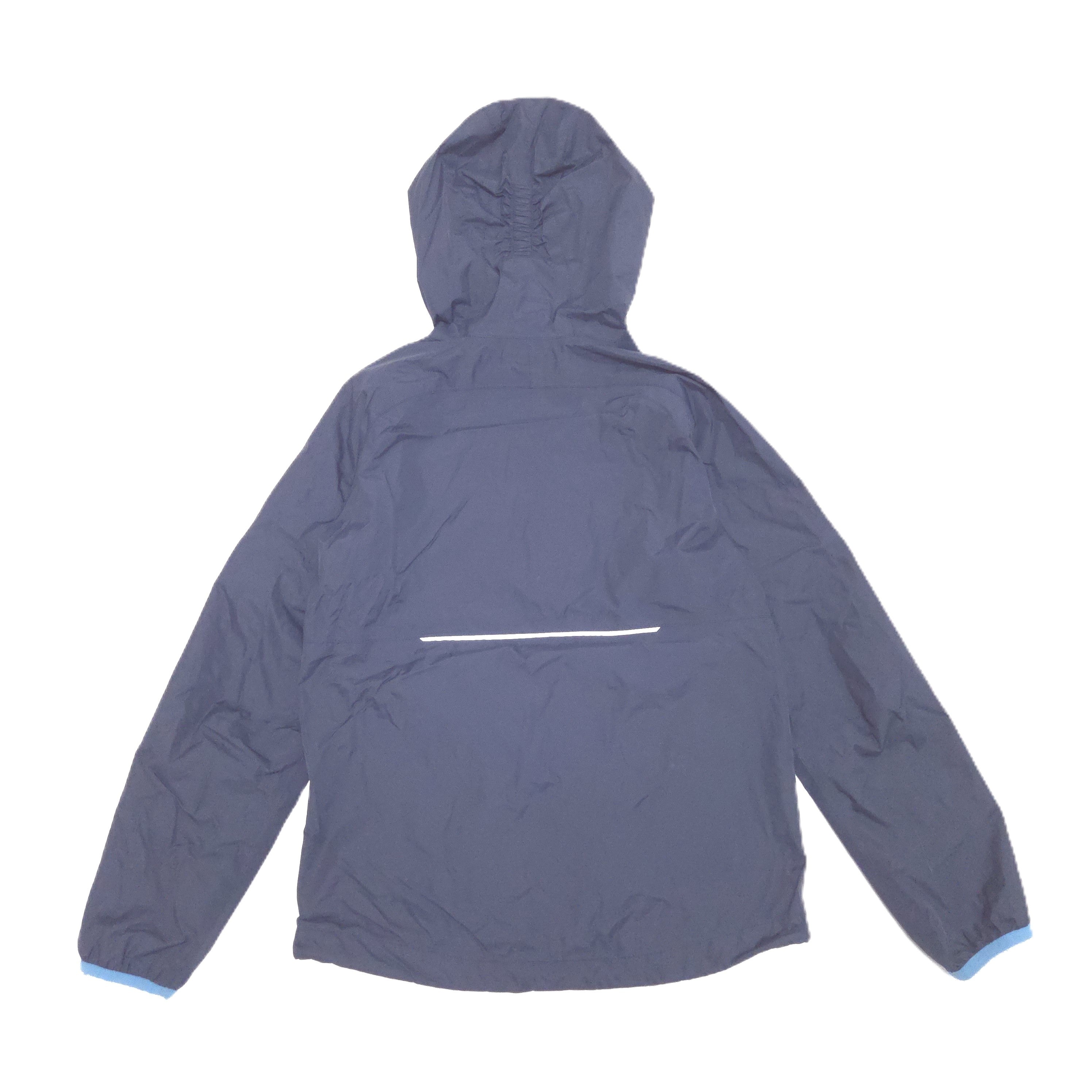 A dark blue hooded shell jacket shown from the back, featuring a horizontal reflective strip on the upper back and light blue trim at the cuffs.