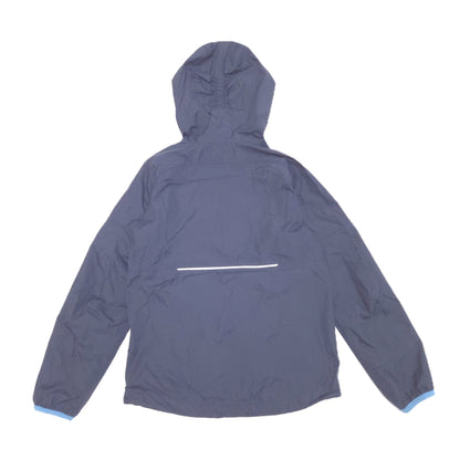 A dark blue hooded shell jacket shown from the back, featuring a horizontal reflective strip on the upper back and light blue trim at the cuffs.