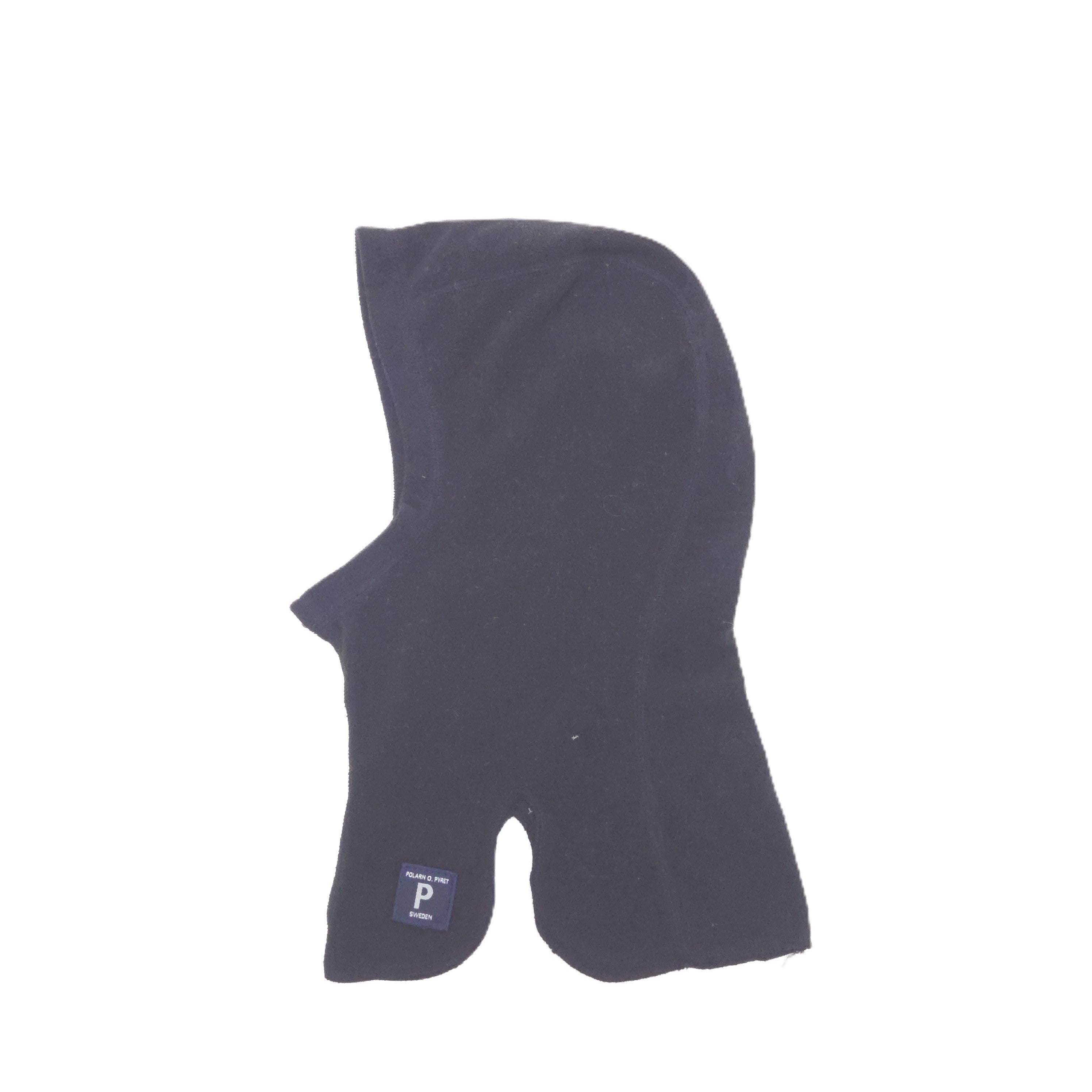 A black fleece balaclava neck warmer with a small blue and white brand tag near the bottom left corner, shown against a plain white background.