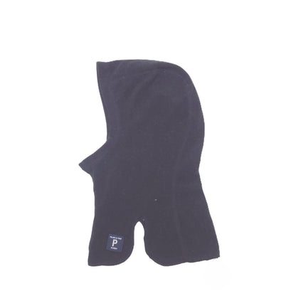 A black fleece balaclava neck warmer with a small blue and white brand tag near the bottom left corner, shown against a plain white background.