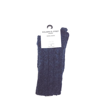 A dark navy blue ribbed knit wool socks with a white paper hangtag, shown against a plain white background.