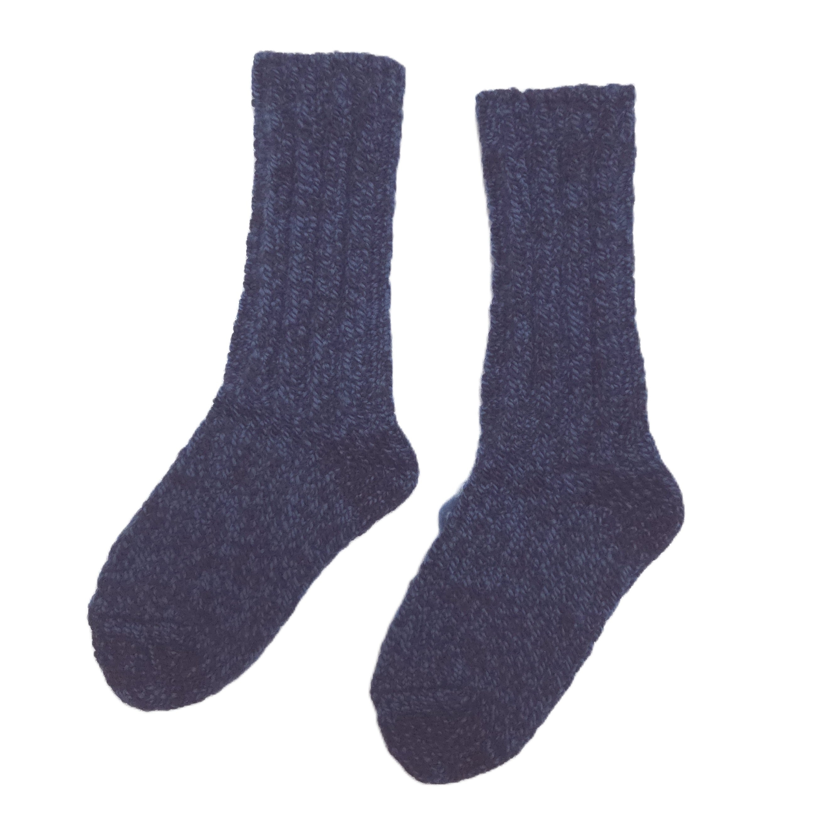 A pair of dark navy blue ribbed knit socks shown against a plain white background.