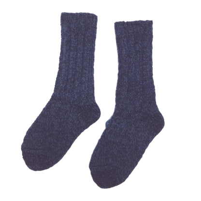 A pair of dark navy blue ribbed knit socks shown against a plain white background.