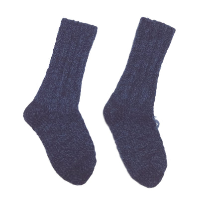 A pair of dark navy blue ribbed knit  socks shown against a plain white background.