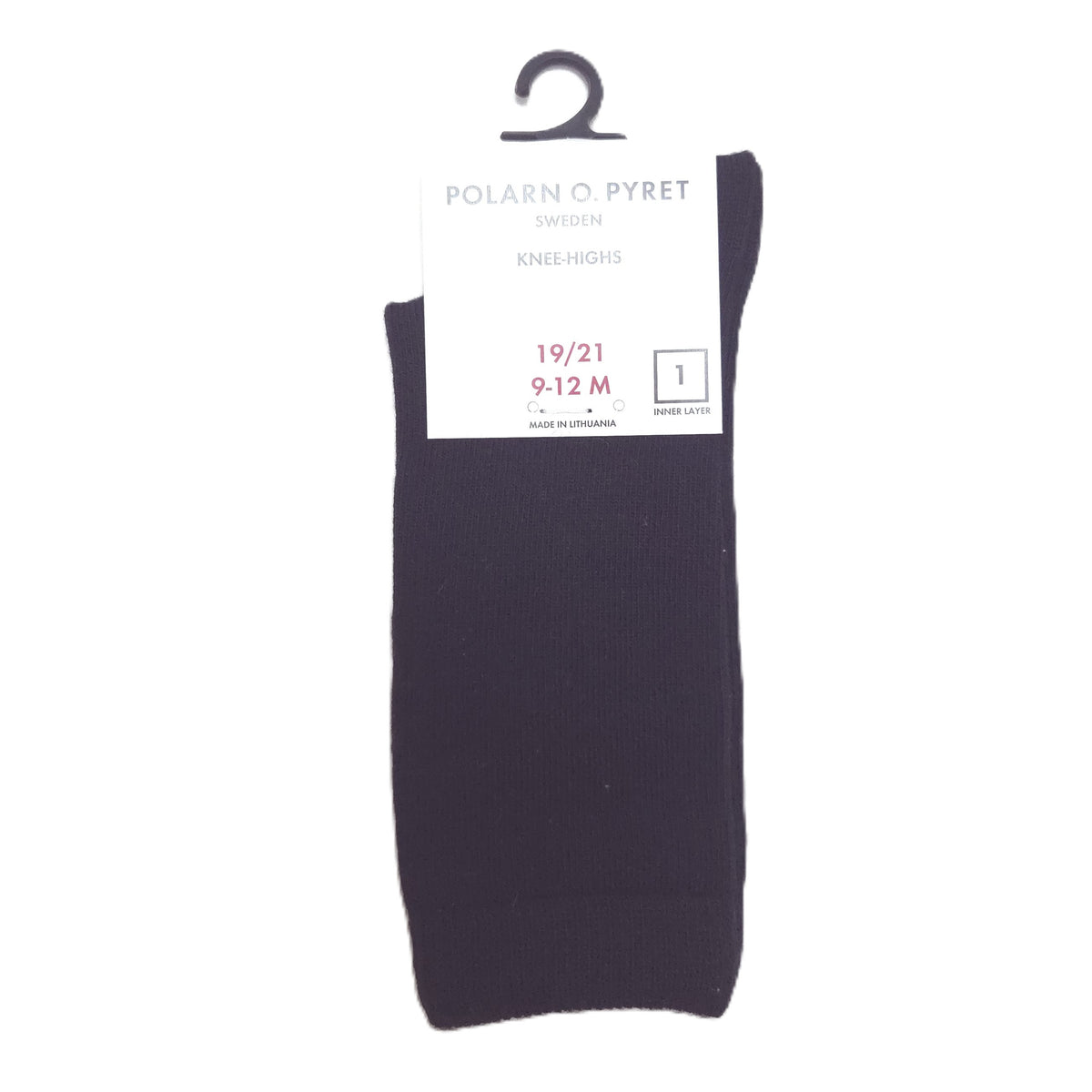 A single pair of black knee-high socks in retail packaging with a white hangtag. 