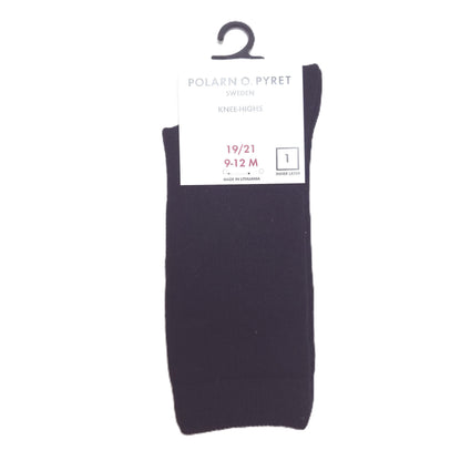 A single pair of black knee-high socks in retail packaging with a white hangtag. 
