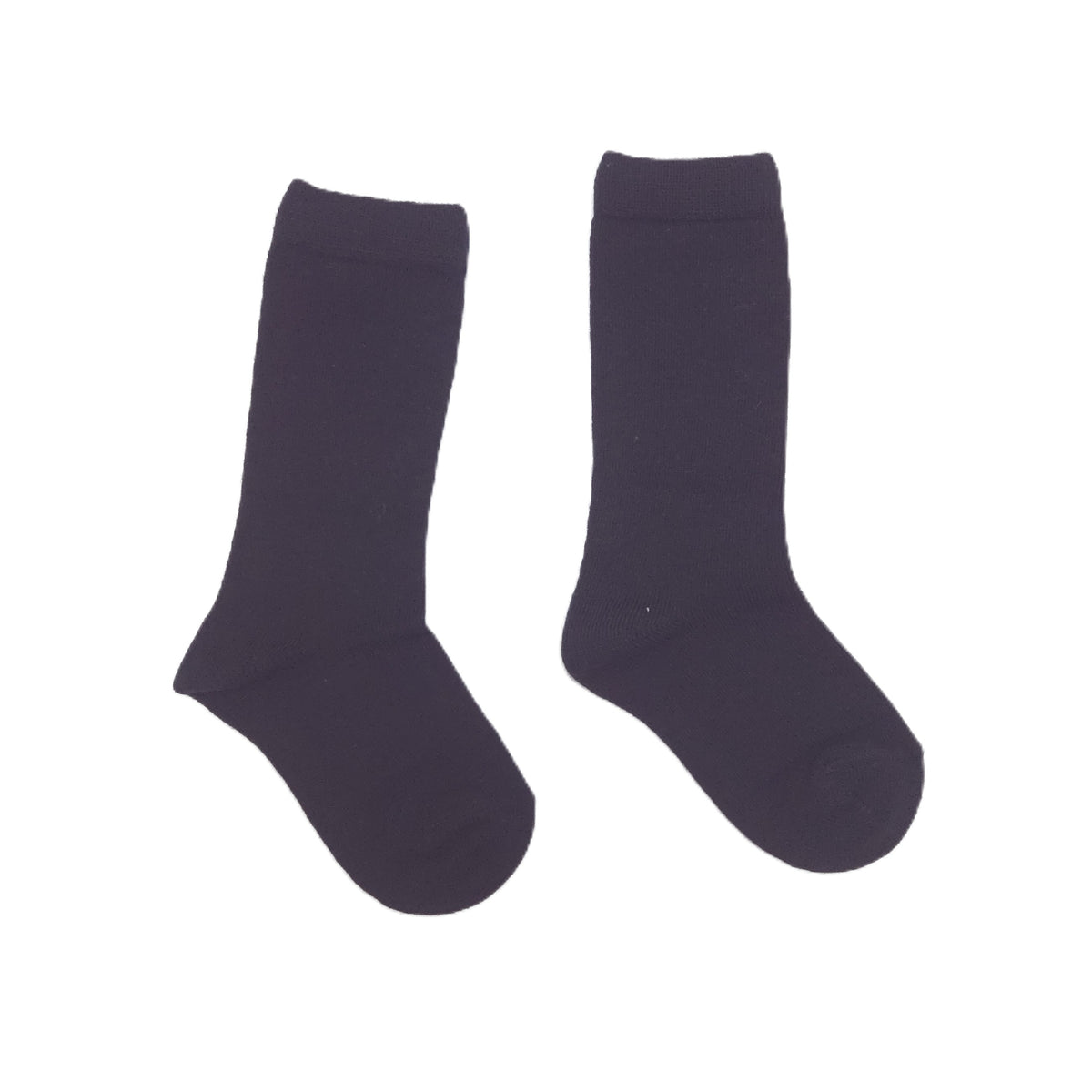 A single pair of black knee-high socks displayed flat against a solid white background.