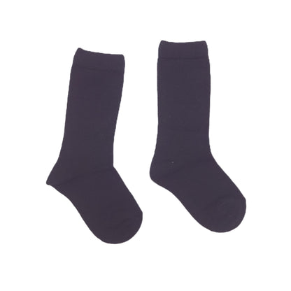 A single pair of black knee-high socks displayed flat against a solid white background.