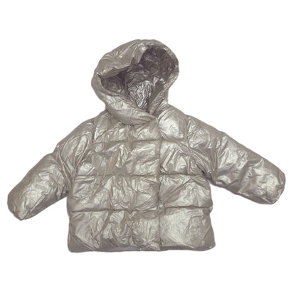 A shiny metallic gold puffer jacket with a quilted design and hood, shown against a plain white background.