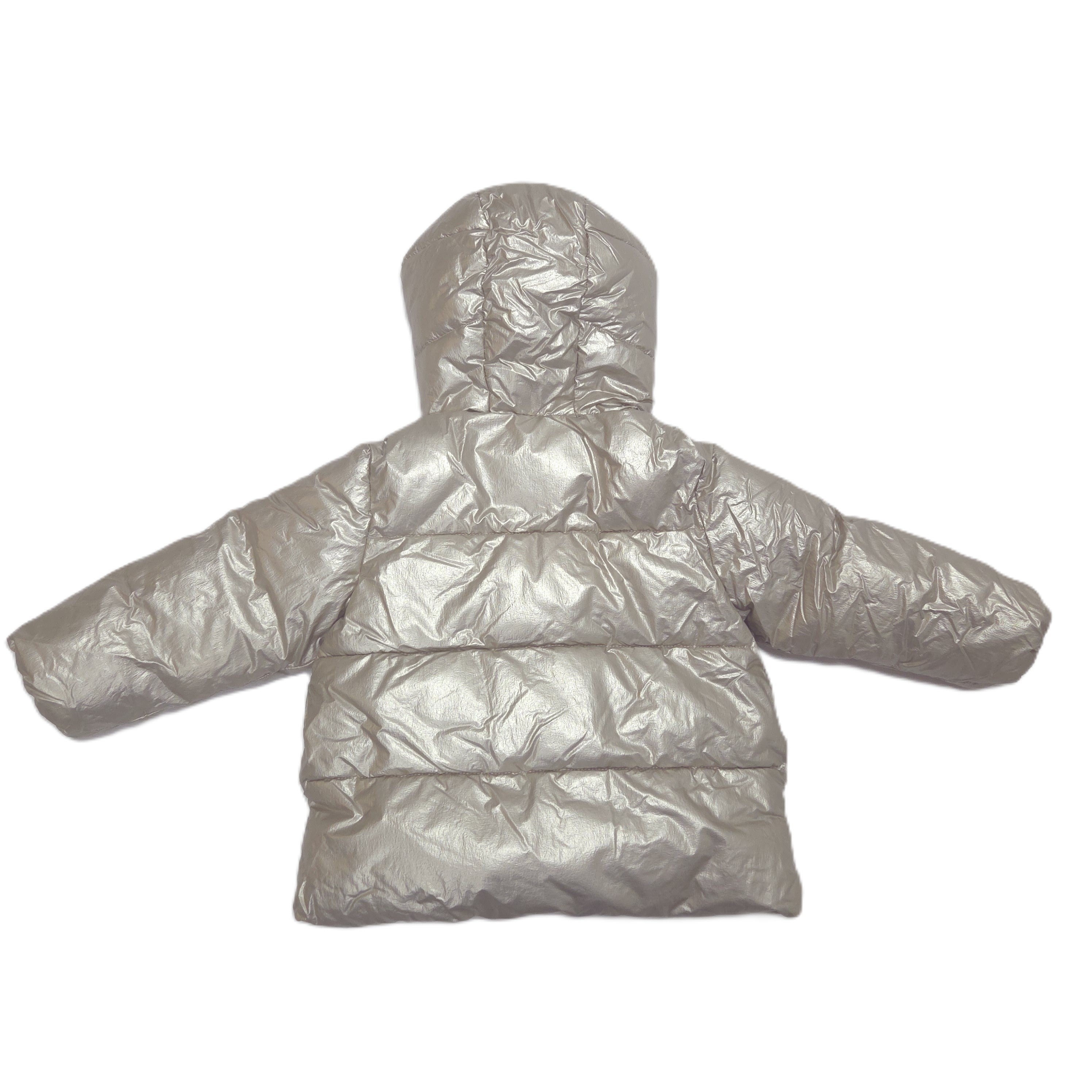 A shiny metallic gold puffer jacket with horizontal quilting and a hood, shown from the back against a plain white background.
