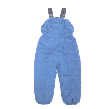 A pair of light blue puffer snow pants with black adjustable shoulder straps, shown flat against a solid white background.