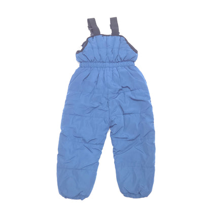 A light blue puffer snowsuit for a baby or toddler, featuring a quilted design, elastic waist, and adjustable shoulder straps, shown against a plain white background.