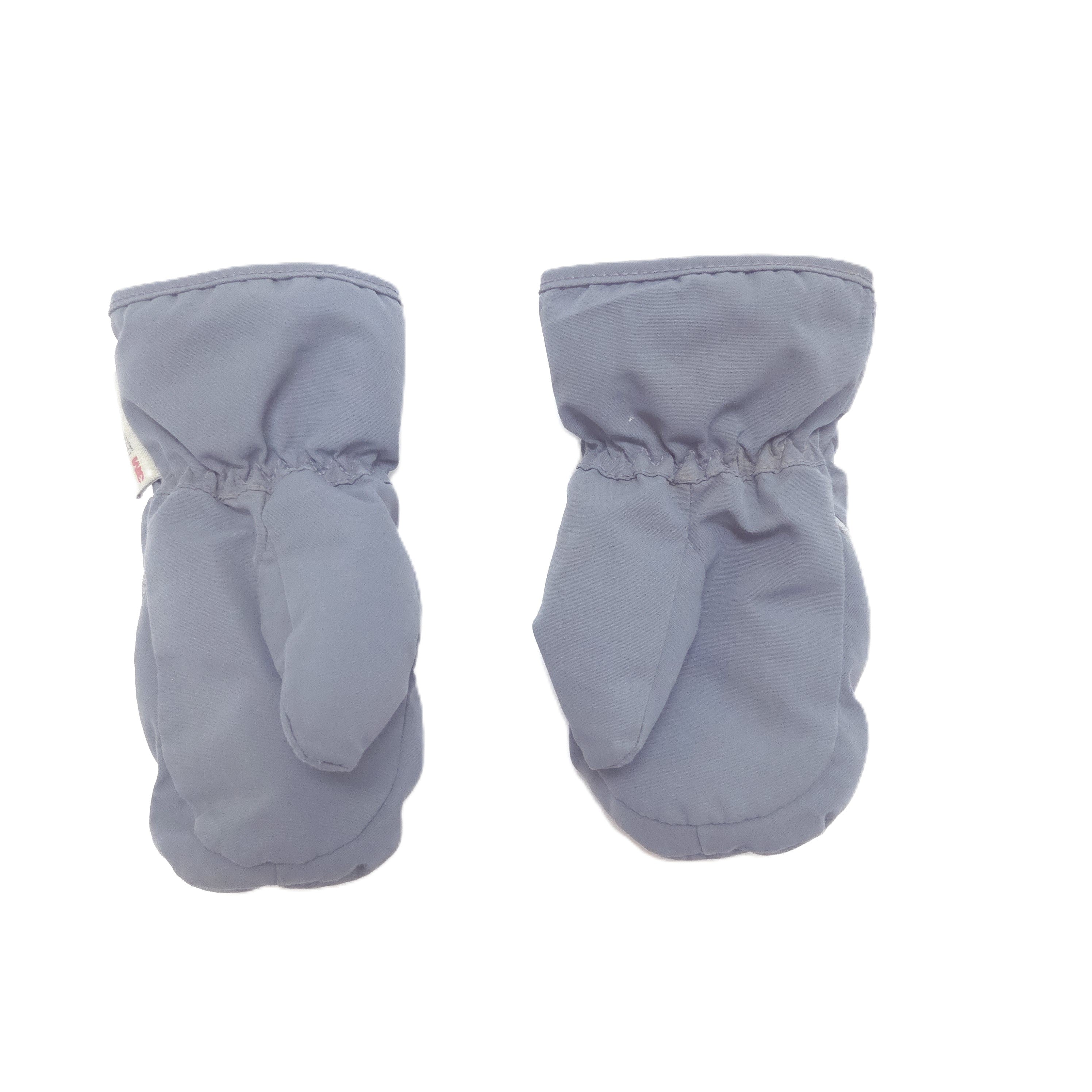 A pair of light gray mittens shown flat against a solid white background.