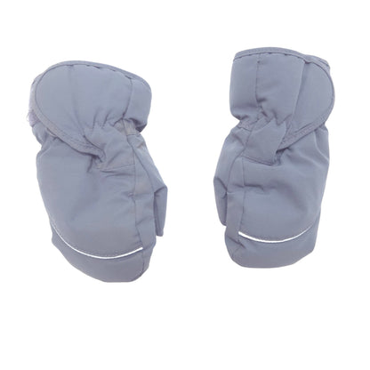 A pair of light gray insulated mittens shown flat against a solid white background.