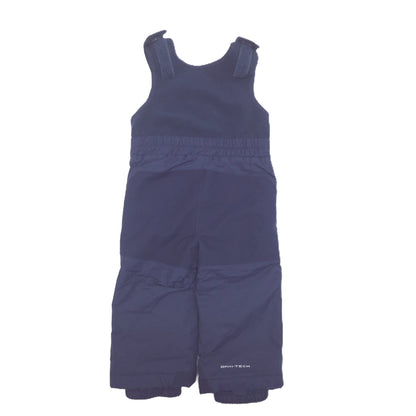 A dark navy blue sleeveless baby snow pants with an elastic waistband, photographed flat against a solid white background.