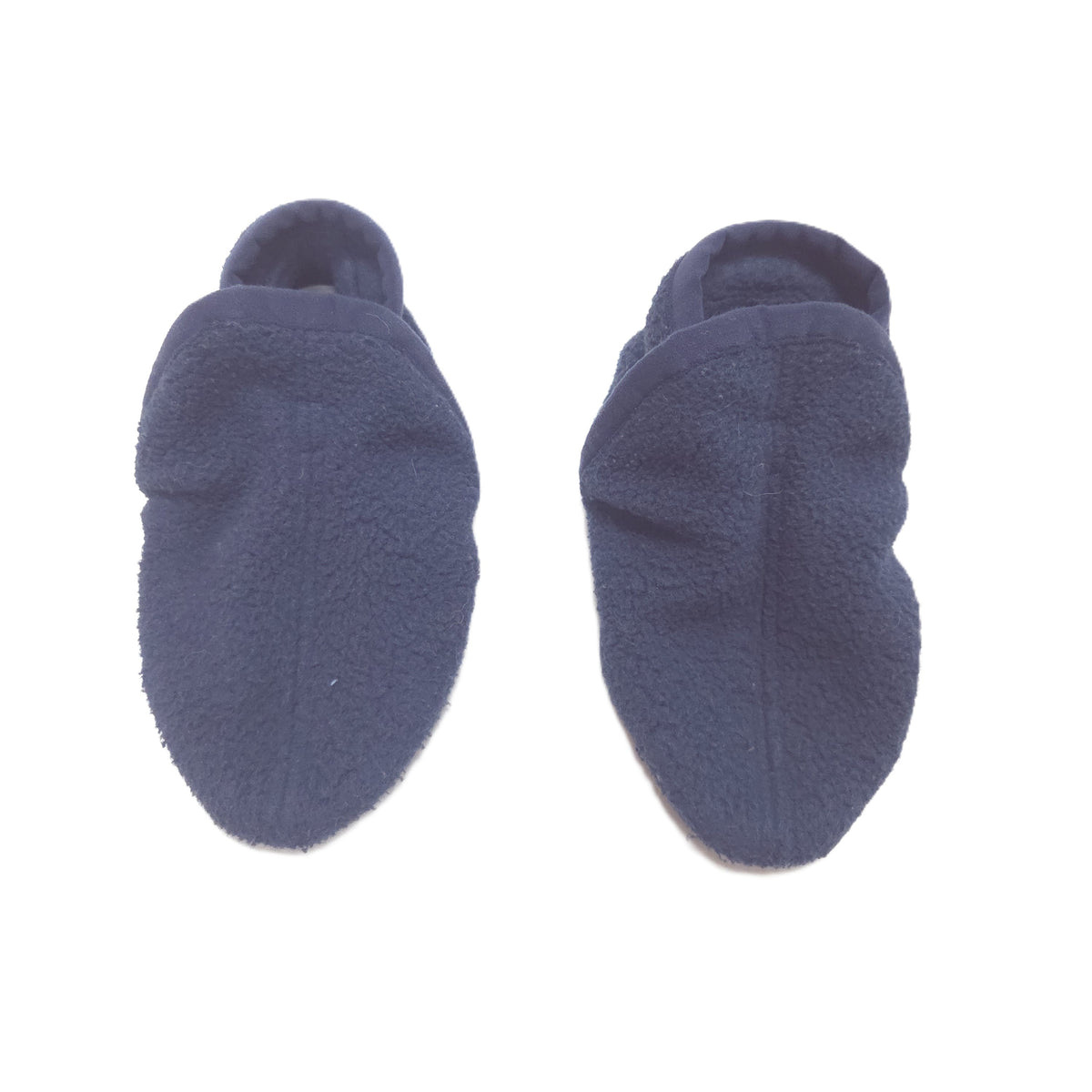 A pair of navy blue fleece booties shown from the top on a plain white background.