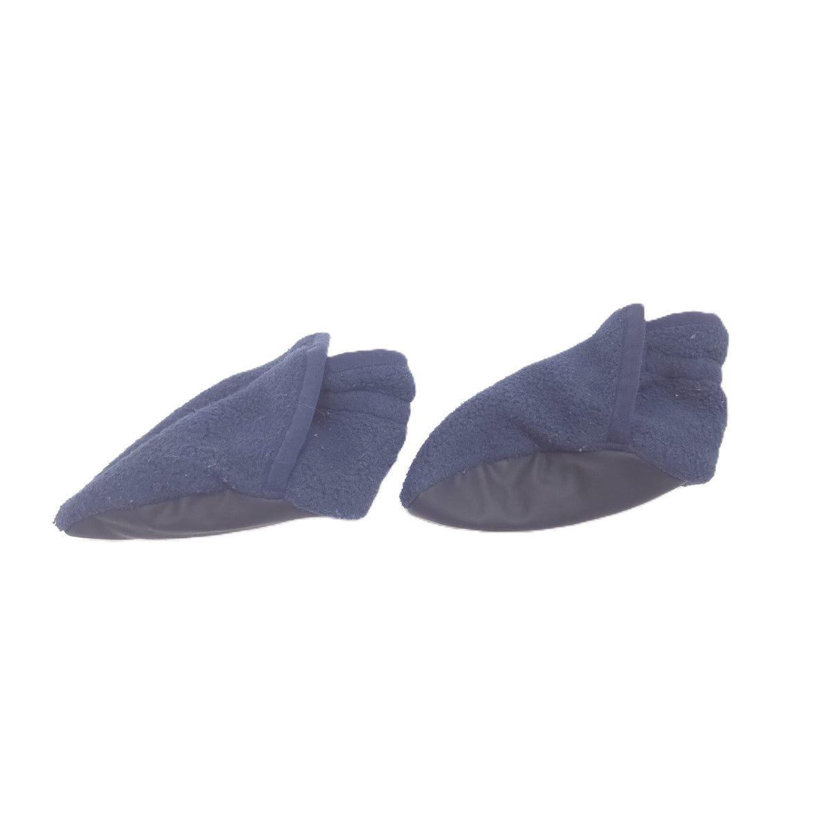 A pair of slate blue fleece booties  shown against a plain white background.