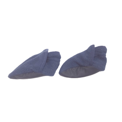 A pair of slate blue fleece booties  shown against a plain white background.