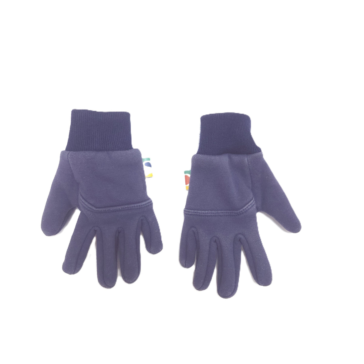 A pair of blue softshell gloves with ribbed knit cuffs, displayed flat against a plain white background.