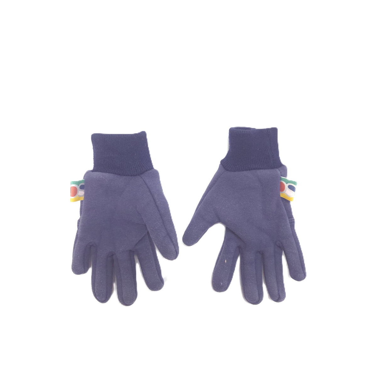 A pair of blue softshell gloves with ribbed knit cuffs, displayed side-by-side on a plain white background.