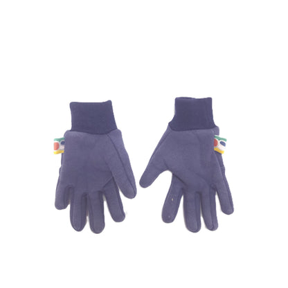 A pair of blue softshell gloves with ribbed knit cuffs, displayed side-by-side on a plain white background.
