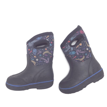 A pair of black children's rain boots with a colorful space-themed print on the pull tabs, shown against a plain white background.