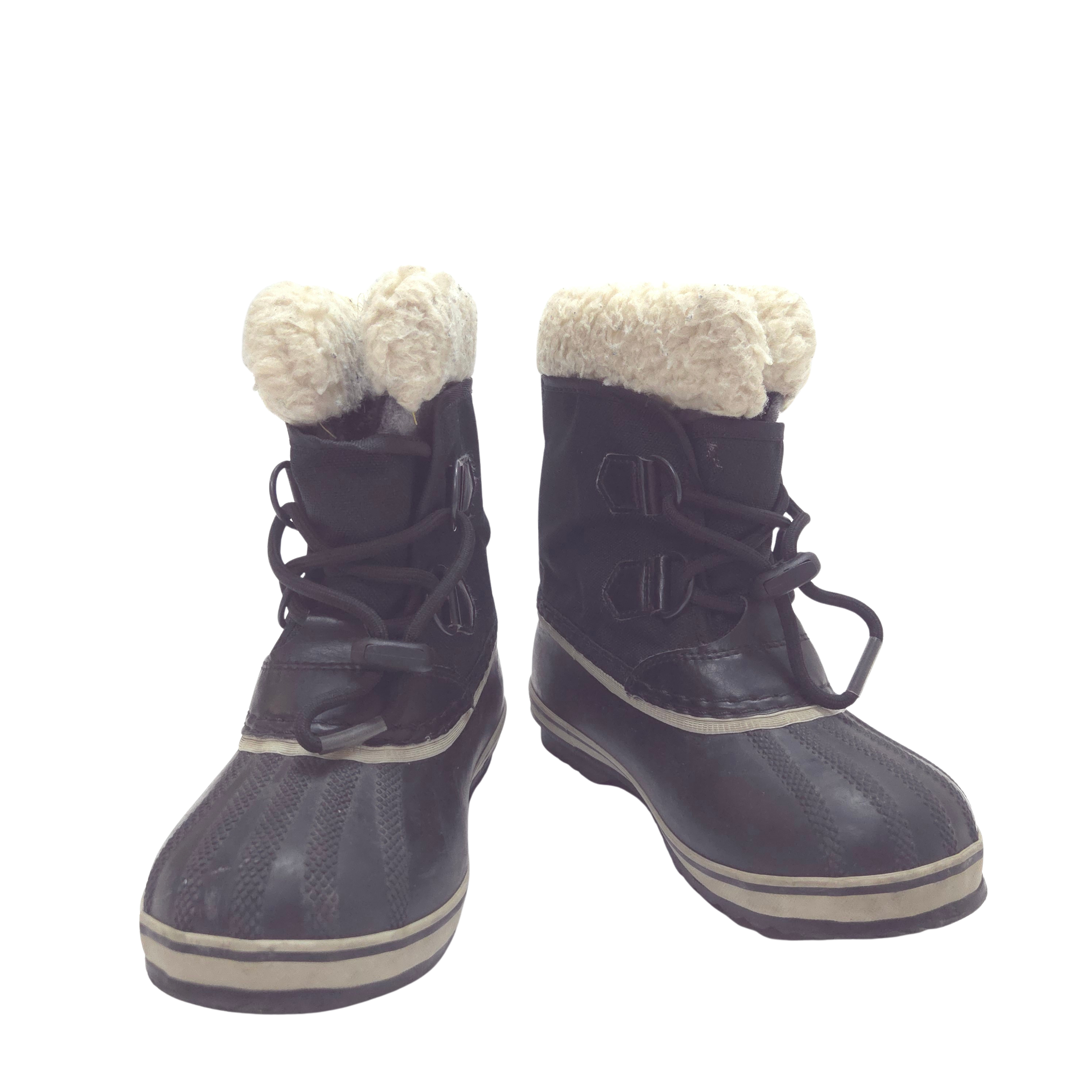 A pair of black winter boots with white faux-fur trim at the top and white soles, shown against a plain white background.