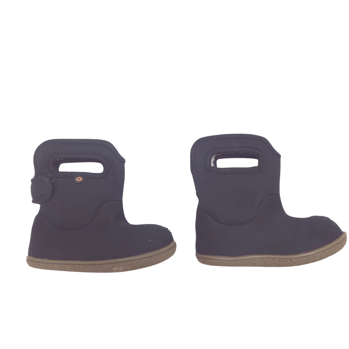 A pair of black neoprene winter boots with integrated handles and brown soles, shown from the side against a plain white background.