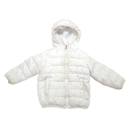 A white hooded puffer jacket with a subtle multicolor speckled pattern, featuring a front zipper and horizontal quilting, shown against a plain white background.