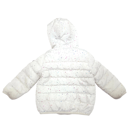 A white hooded puffer jacket with colorful confetti speckles, shown from the back against a plain white background.