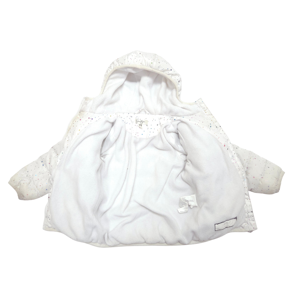A white hooded baby jacket with long sleeves, featuring a soft plush inner lining.