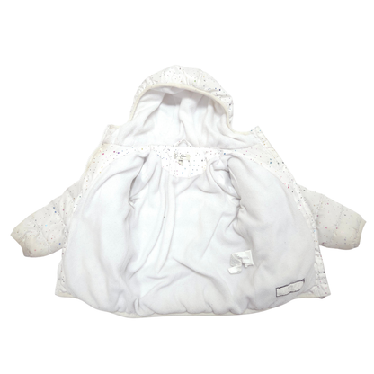 A white hooded baby jacket with long sleeves, featuring a soft plush inner lining.