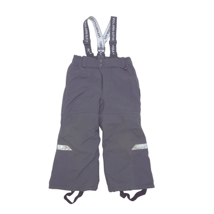 A pair of dark gray child's snow pants with adjustable suspenders, featuring reflective silver stripes on the lower legs and boots straps at the ankles, shown against a plain white background.