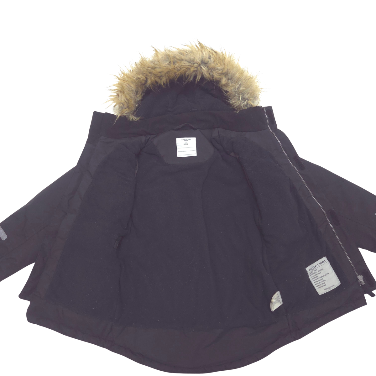 A black winter parka jacket with a brown faux-fur trimmed hood, laid flat against a white background.