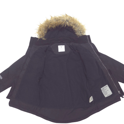 A black winter parka jacket with a brown faux-fur trimmed hood, laid flat against a white background.
